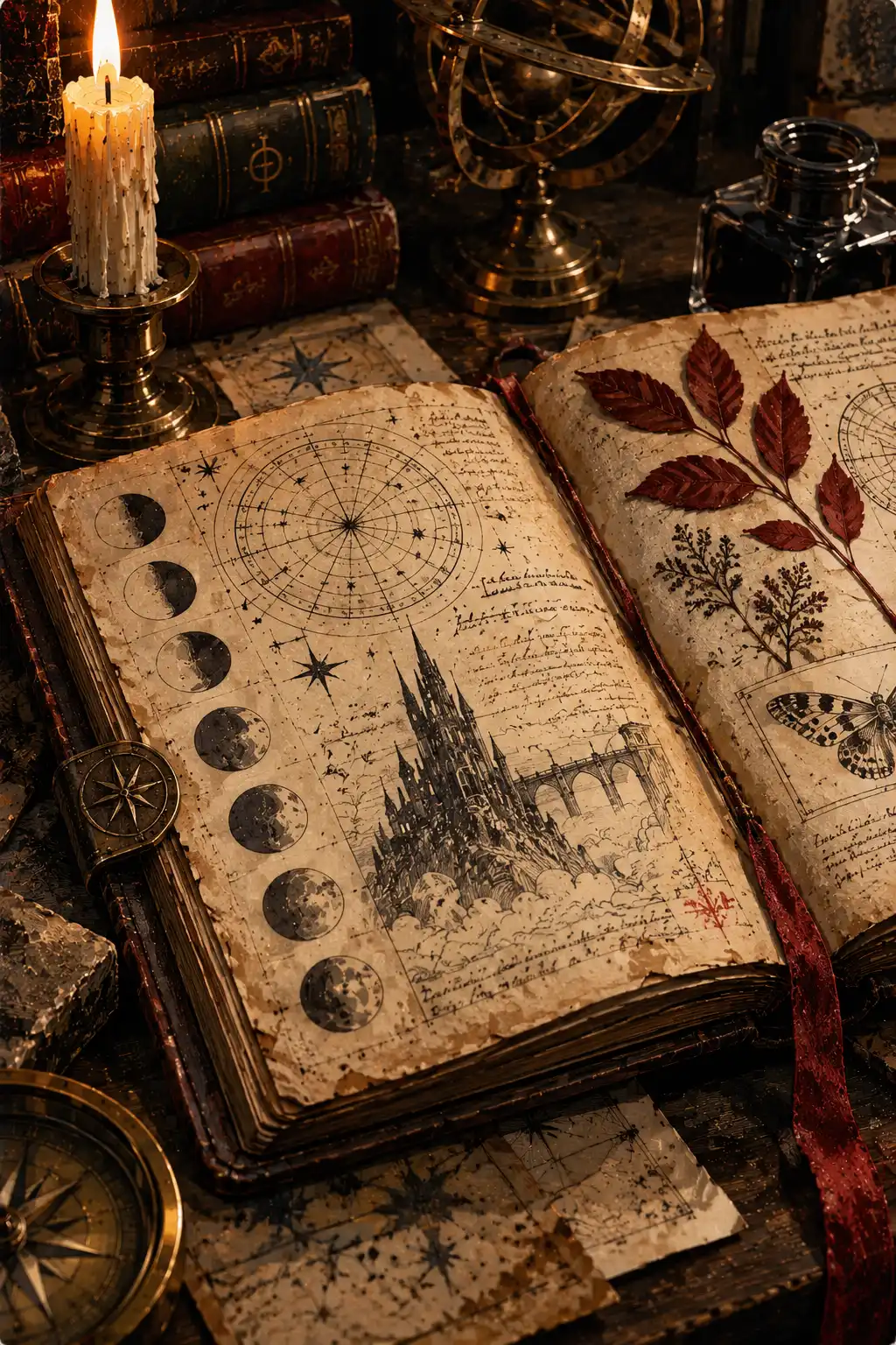 An open astronomical journal with moon phases and botanical drawings, lit by a candle.