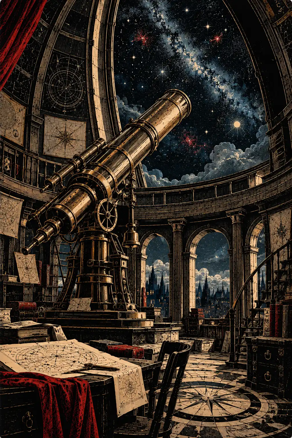 A telescope in a grand observatory, looking through its dome at a star-filled night sky.