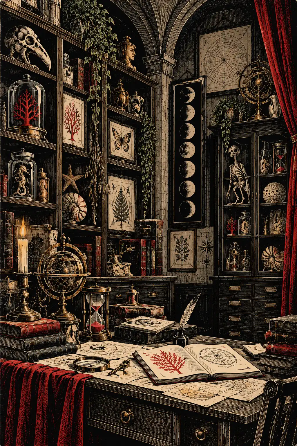 A cabinet of specimens with books, jars, skeletal curiosities, celestial instruments and an open notebook.