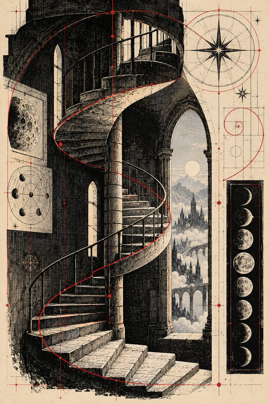A spiral staircase surrounded by celestial diagrams, moon phases and a red geometric spiral.