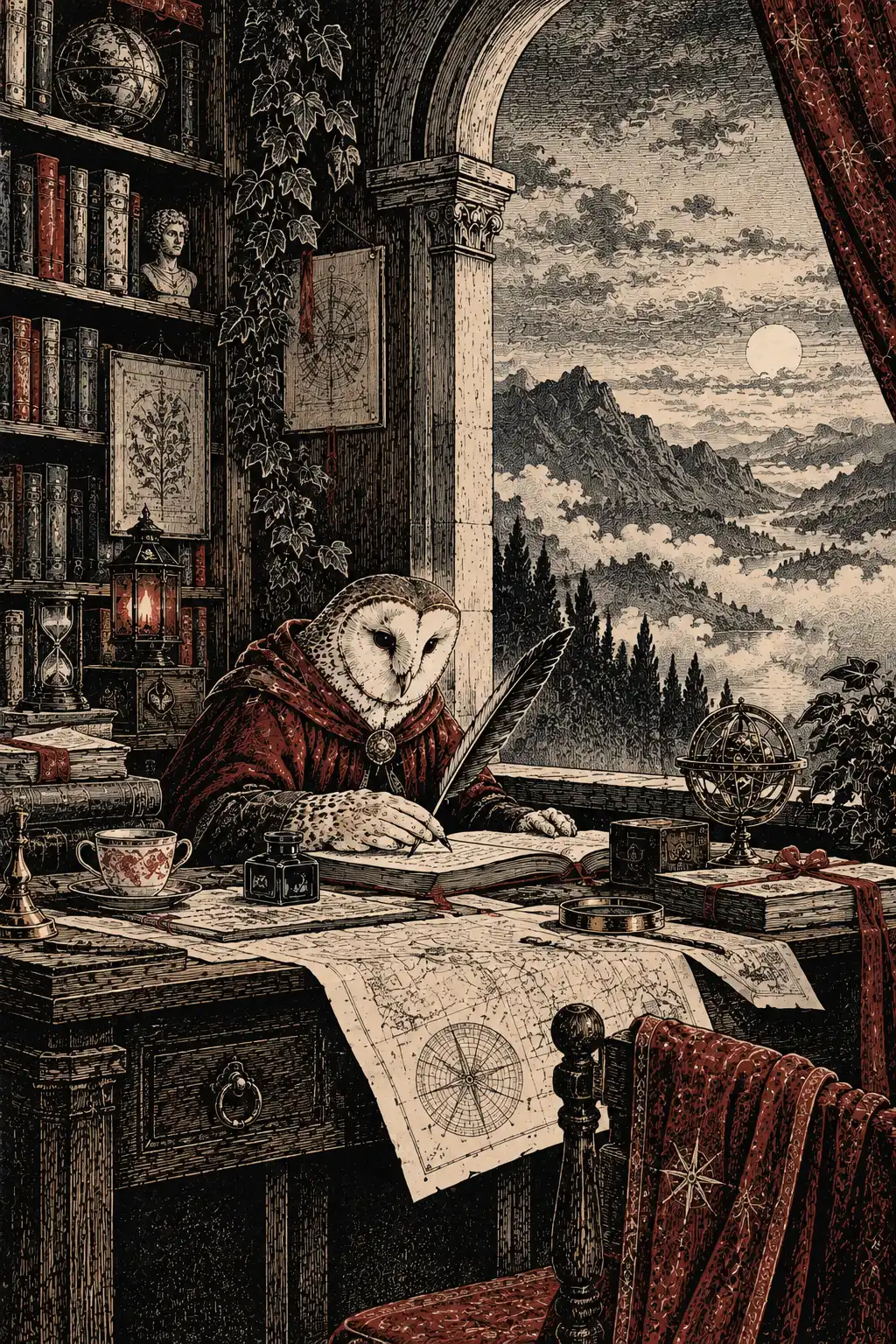 Owl writing at a desk, drawn as a detailed engraving.